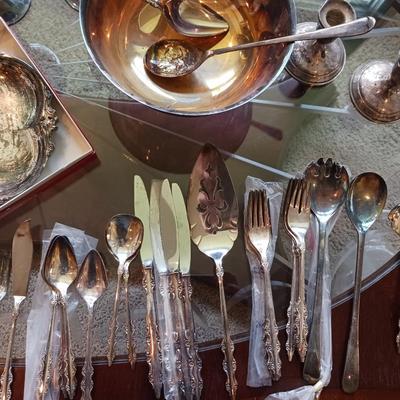 WEIGHTED STERLING SILVER CANDLE HOLDERS AND SILVER PLATED SERVING PIECES