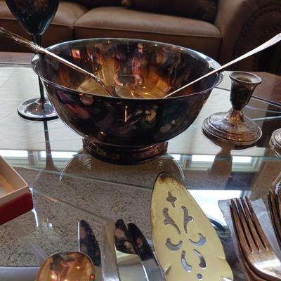 WEIGHTED STERLING SILVER CANDLE HOLDERS AND SILVER PLATED SERVING PIECES