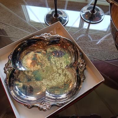 WEIGHTED STERLING SILVER CANDLE HOLDERS AND SILVER PLATED SERVING PIECES