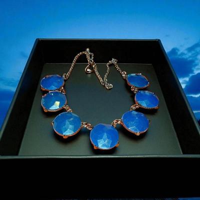 Vintage 80's Blue Plastic, Gold Tone, Collage Necklace