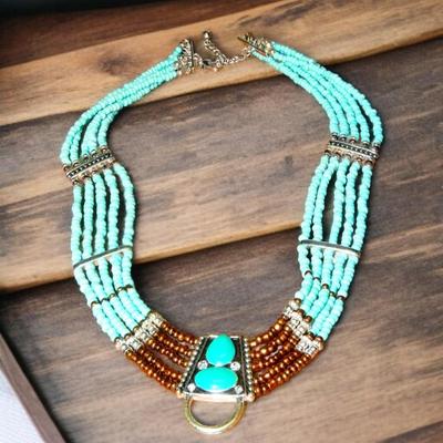 Faux Turquosie & Enamel 5 strand necklace, Southwest Style
