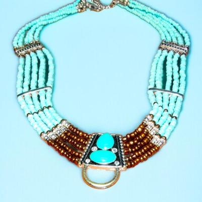 Faux Turquosie & Enamel 5 strand necklace, Southwest Style