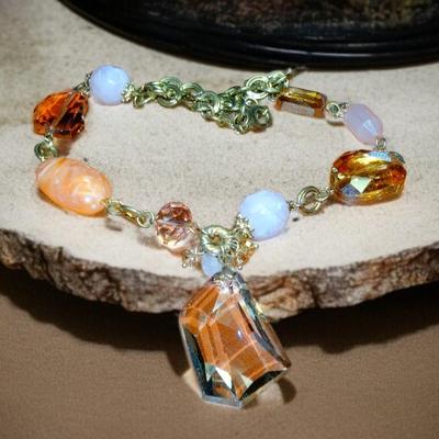 Beautiful Crystal & Gemstone Necklace, Aurora Borreallis Stone, Amber Fall Colors