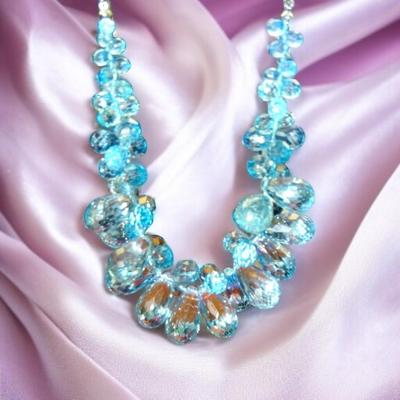 Faceted Tear Drop Chunky Necklace, Bridal Jewelry Plastic, Blue Topaz Like