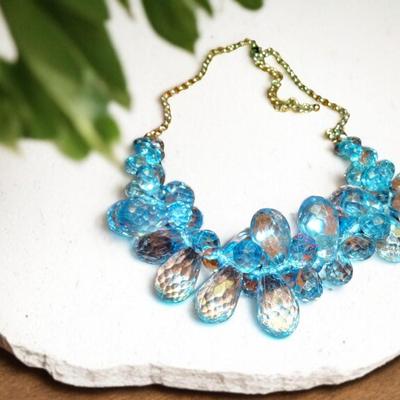 Faceted Tear Drop Chunky Necklace, Bridal Jewelry Plastic, Blue Topaz Like