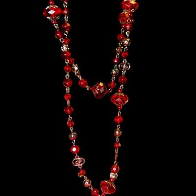 Silver Tone Ruby Red Beaded Necklace, Christmas Jewelry