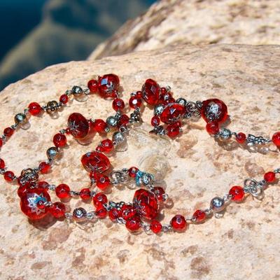 Silver Tone Ruby Red Beaded Necklace, Christmas Jewelry