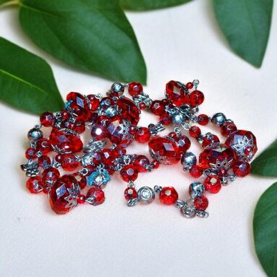 Silver Tone Ruby Red Beaded Necklace, Christmas Jewelry