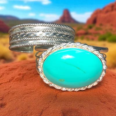 Silver Tone & Turquoise Cuff Bracelets, BEST, Southwest Style