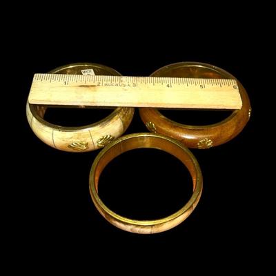 3 Vintage Bone, Brass & Wood Bangles, Bovine, Inlayed