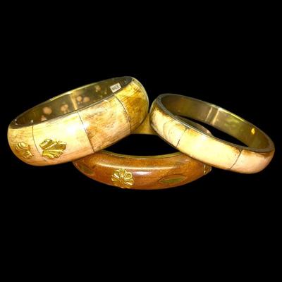 3 Vintage Bone, Brass & Wood Bangles, Bovine, Inlayed