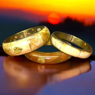 3 Vintage Bone, Brass & Wood Bangles, Bovine, Inlayed