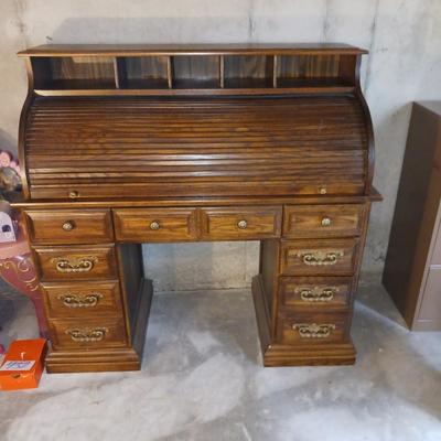 MEDIUM SIZE ROLL TOP DESK AND A FILING CABINET