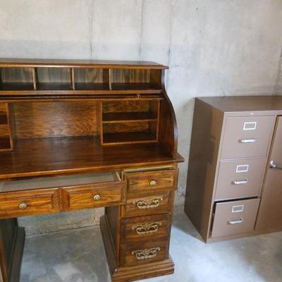 MEDIUM SIZE ROLL TOP DESK AND A FILING CABINET