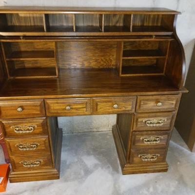 MEDIUM SIZE ROLL TOP DESK AND A FILING CABINET