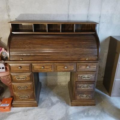 MEDIUM SIZE ROLL TOP DESK AND A FILING CABINET