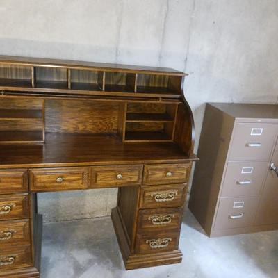 MEDIUM SIZE ROLL TOP DESK AND A FILING CABINET