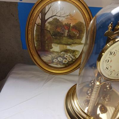 400 DAY GERMAN ANNIVERSARY CLOCK, STONE TRINKET BOX AND 2 OVAL PICTURES