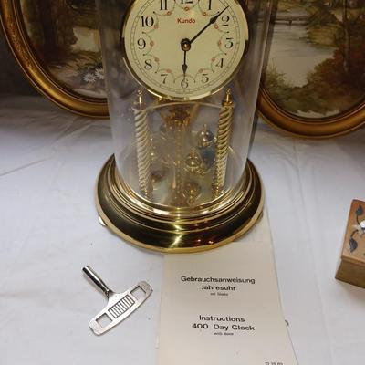 400 DAY GERMAN ANNIVERSARY CLOCK, STONE TRINKET BOX AND 2 OVAL PICTURES