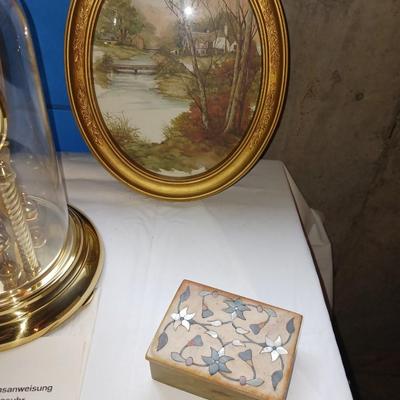 400 DAY GERMAN ANNIVERSARY CLOCK, STONE TRINKET BOX AND 2 OVAL PICTURES