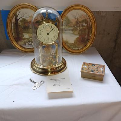 400 DAY GERMAN ANNIVERSARY CLOCK, STONE TRINKET BOX AND 2 OVAL PICTURES