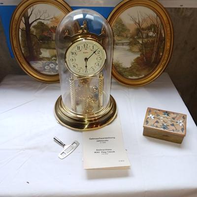 400 DAY GERMAN ANNIVERSARY CLOCK, STONE TRINKET BOX AND 2 OVAL PICTURES