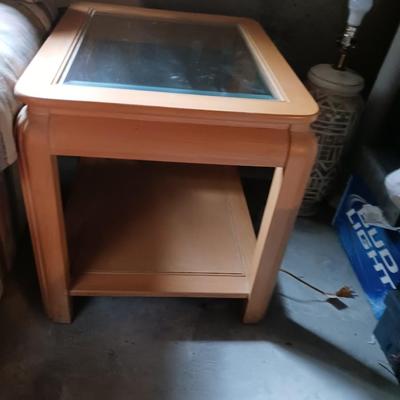 2 BLOND WOOD END TABLES WITH GLASS TOPS
