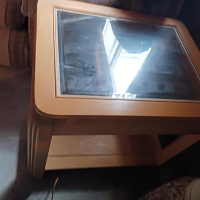 2 BLOND WOOD END TABLES WITH GLASS TOPS