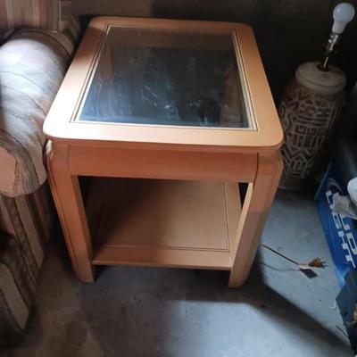 2 BLOND WOOD END TABLES WITH GLASS TOPS