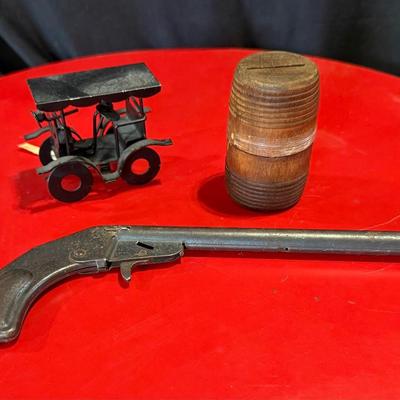 Vintage Daisy Pop Gun, Metal car buggy, Vintage early 1900’s Wooden coin bank