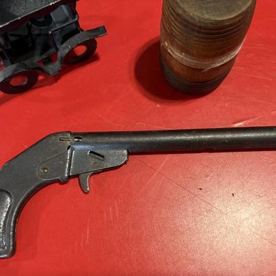 Vintage Daisy Pop Gun, Metal car buggy, Vintage early 1900’s Wooden coin bank