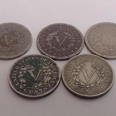 Set of Five Various Dates U.S. Mint Silver "V" Nickels Circulated (#99)