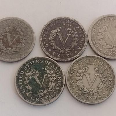 Set of Five Various Dates U.S. Mint Silver "V" Nickels Circulated (#99)