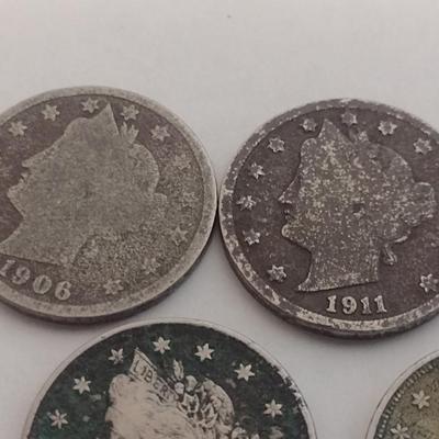 Set of Five Various Dates U.S. Mint Silver "V" Nickels Circulated (#99)