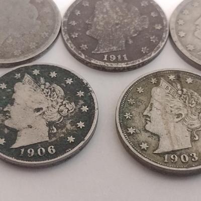 Set of Five Various Dates U.S. Mint Silver "V" Nickels Circulated (#99)