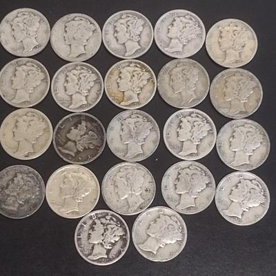 Set of 22 1930's U.S. Mercury Head Silver Dimes Circulated (#102)