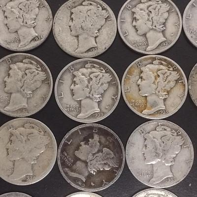 Set of 22 1930's U.S. Mercury Head Silver Dimes Circulated (#102)