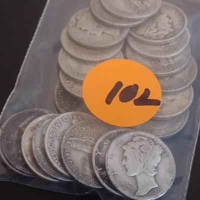 Set of 22 1930's U.S. Mercury Head Silver Dimes Circulated (#102)