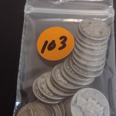 Set of 30 1940's U.S. Mercury Head Silver Dimes Circulated (#103)