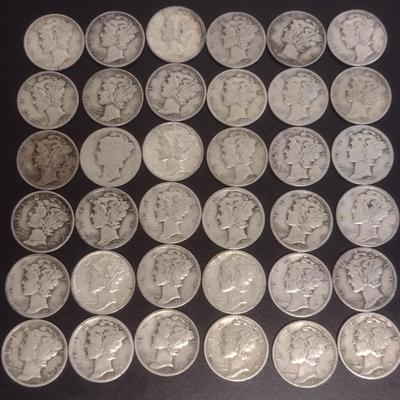 Set of 36 1940's U.S. Mercury Head Silver Dimes Circulated (#104)