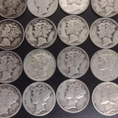 Set of 36 1940's U.S. Mercury Head Silver Dimes Circulated (#104)