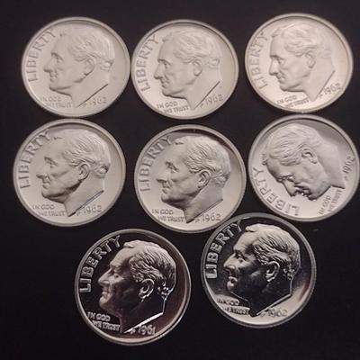 Set of 8 1960's U.S. Roosevelt Head Silver Dimes Uncirculated (#106)