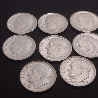 Set of 8 1960's U.S. Roosevelt Head Silver Dimes Uncirculated (#106)
