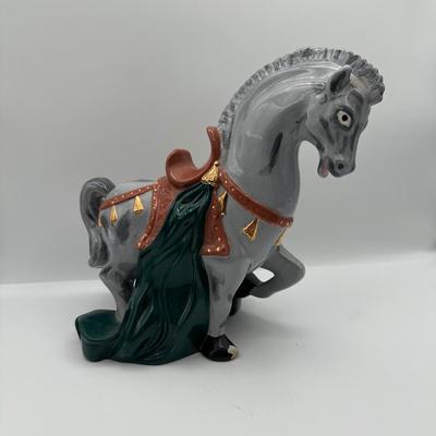 Glazed Ceramic Horse Figurine with Gold Accents
