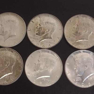 Set of 6 1964 U.S. Kennedy Silver Half-Dollars Circulated (#108)