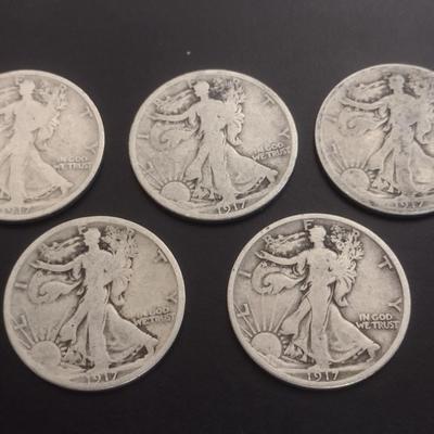 Set of 5 1917 U.S. Mint Walking Liberty Silver Half-Dollars Circulated (#109)