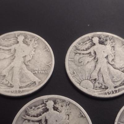 Set of 5 1917 U.S. Mint Walking Liberty Silver Half-Dollars Circulated (#109)