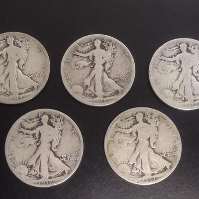 Set of 5 1917, 1918 U.S. Mint Walking Liberty Silver Half-Dollars Circulated (#110)