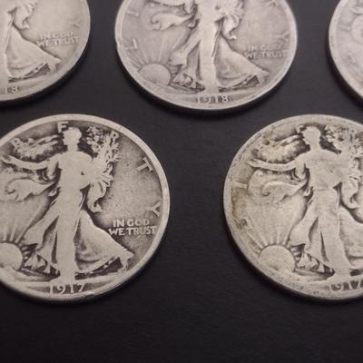Set of 5 1917, 1918 U.S. Mint Walking Liberty Silver Half-Dollars Circulated (#110)