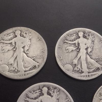 Set of 5 1917, 1918 U.S. Mint Walking Liberty Silver Half-Dollars Circulated (#110)